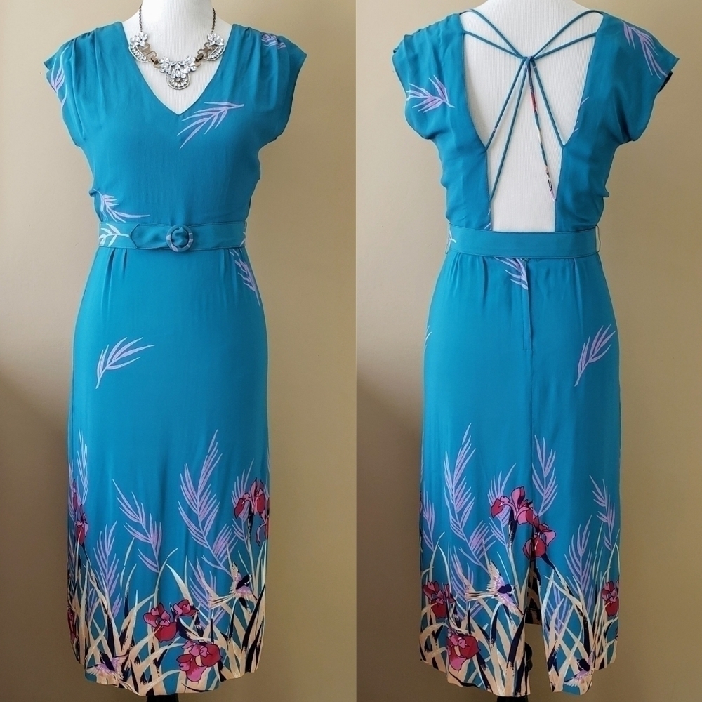 Vintage Turquoise Bird Iris Strapy Back Sheath Midi Dress Cap Sleeve Size Small